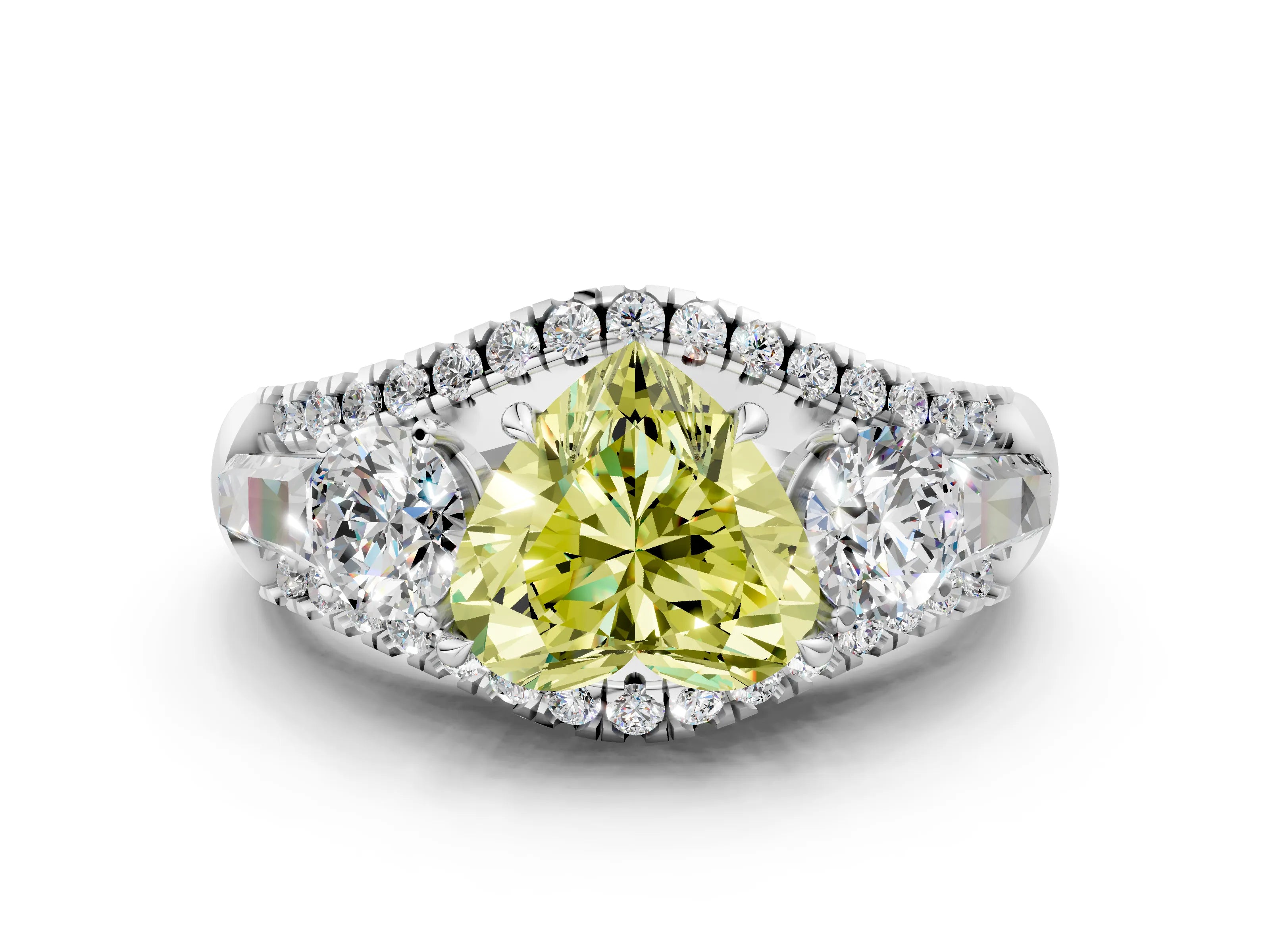 White gold Three-Stone Fancy Yellow Heart Cut Diamond Engagement Ring with Pave Band and Prong Setting