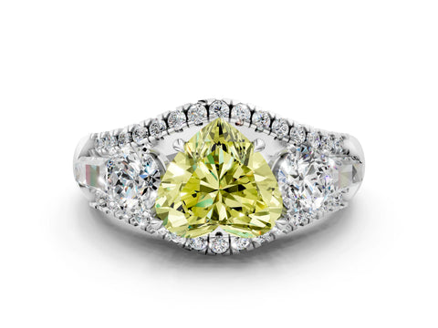 White gold Three-Stone Fancy Yellow Heart Cut Diamond Engagement Ring with Pave Band and Prong Setting