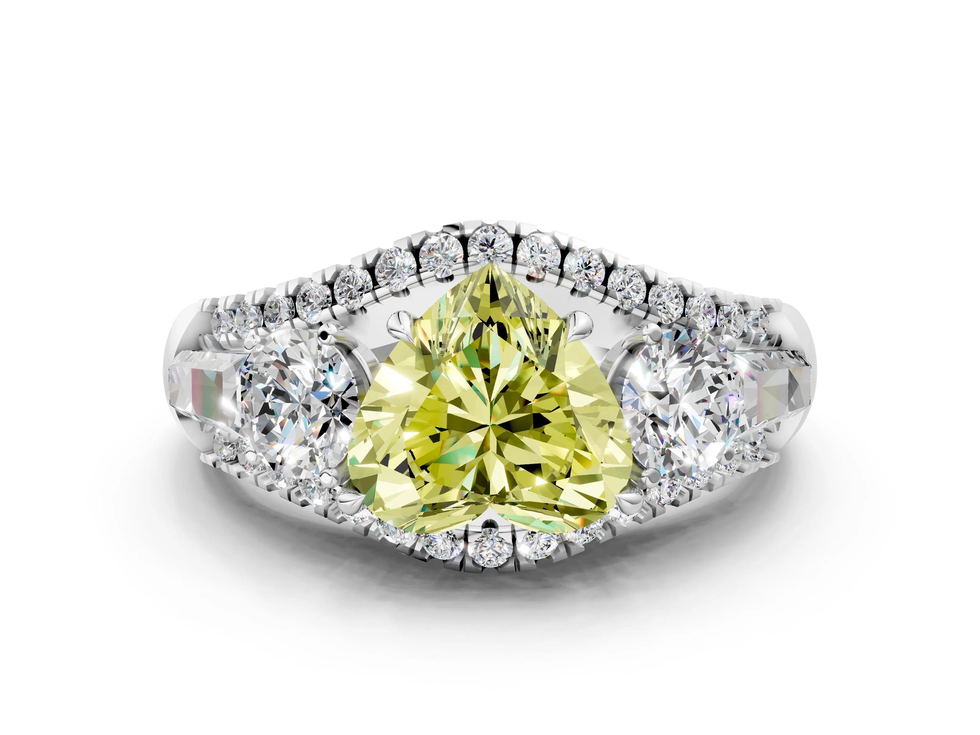 White gold Three-Stone Fancy Yellow Heart Cut Diamond Engagement Ring with Pave Band and Prong Setting_12
