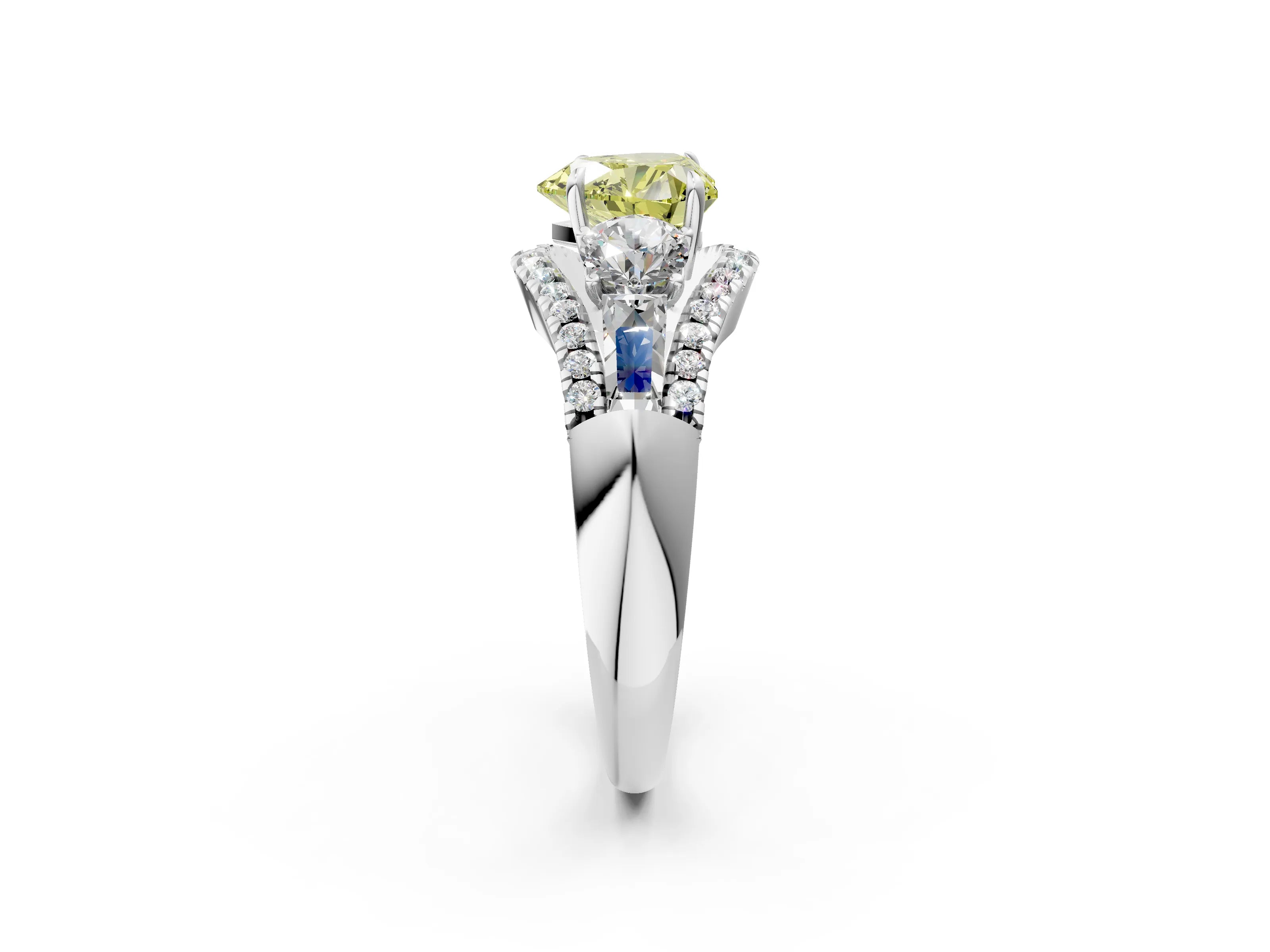 White gold Three-Stone Fancy Yellow Heart Cut Diamond Engagement Ring with Pave Band and Prong Setting_14