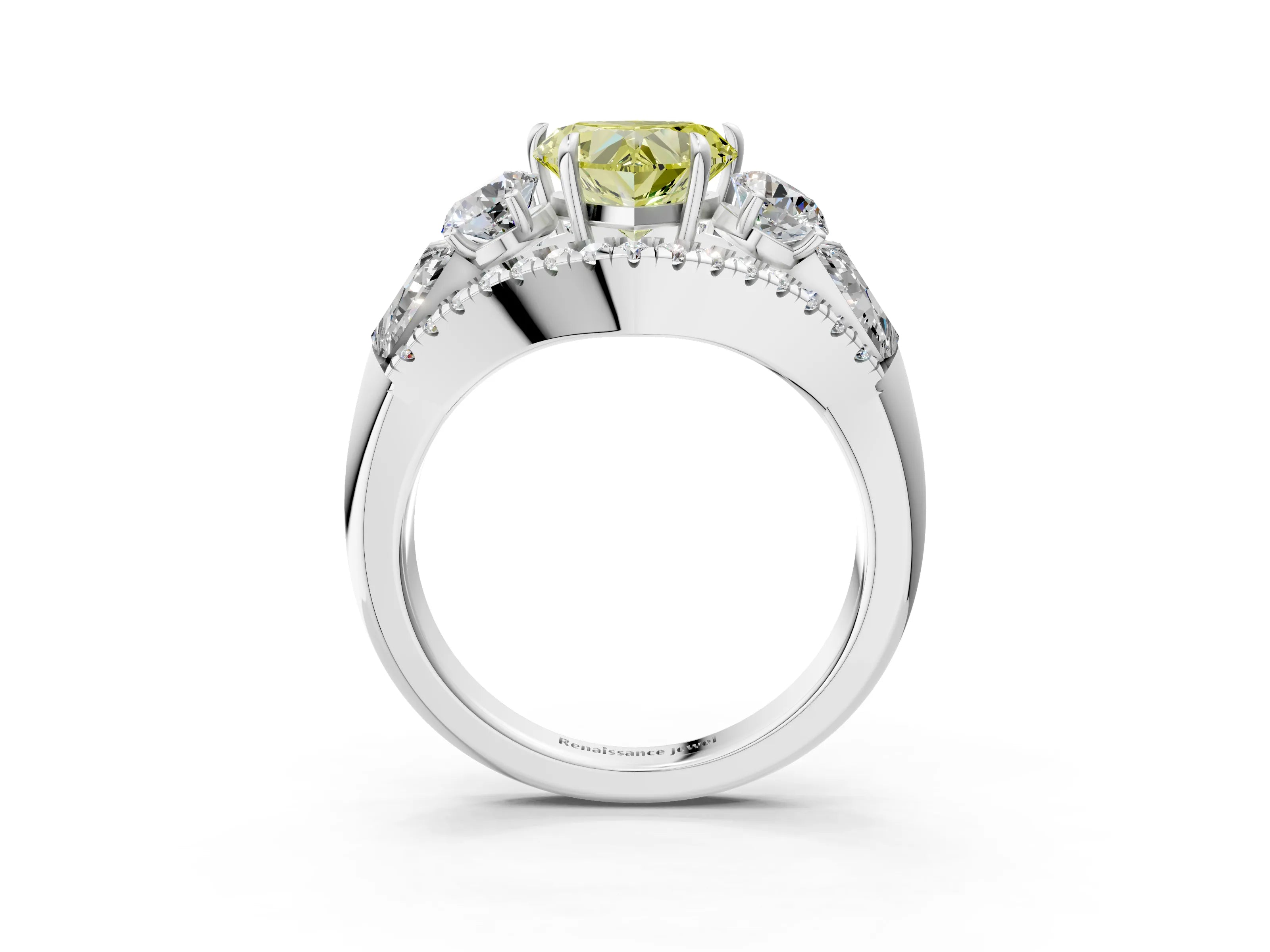 White gold Three-Stone Fancy Yellow Heart Cut Diamond Engagement Ring with Pave Band and Prong Setting_15