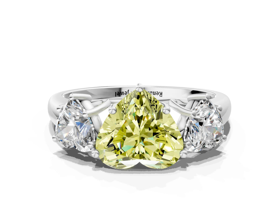 White gold Three-Stone Fancy Yellow Heart Cut Diamond Engagement Ring with Prong Setting_15