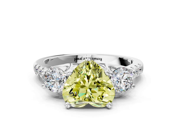 Platinum Three-Stone Fancy Yellow Heart Cut Diamond Pavé Band with Four-Prong Setting