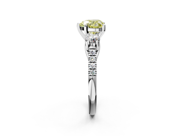 Platinum Three-Stone Fancy Yellow Heart Cut Diamond Pavé Band with Four-Prong Setting