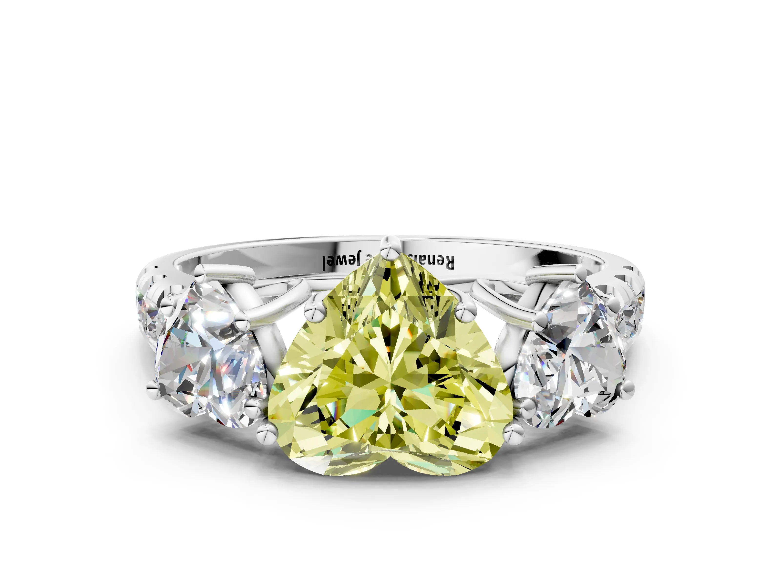 White gold Three-Stone Fancy Yellow Heart Cut Diamond Pavé Band with Prong Setting_12