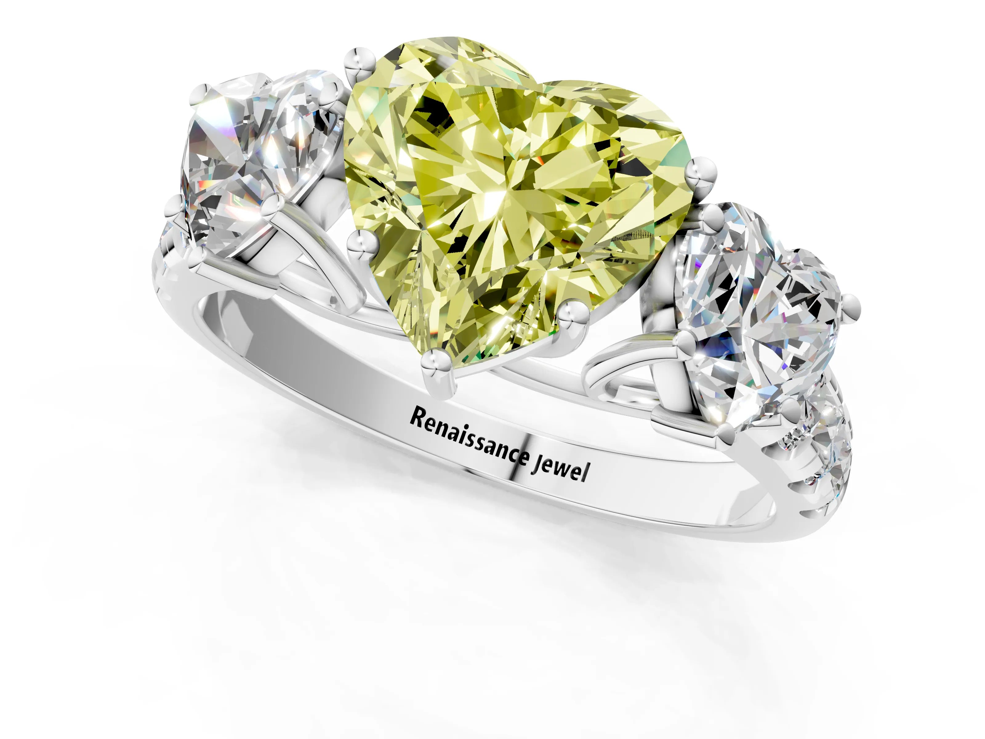 White gold Three-Stone Fancy Yellow Heart Cut Diamond Pavé Band with Prong Setting_13