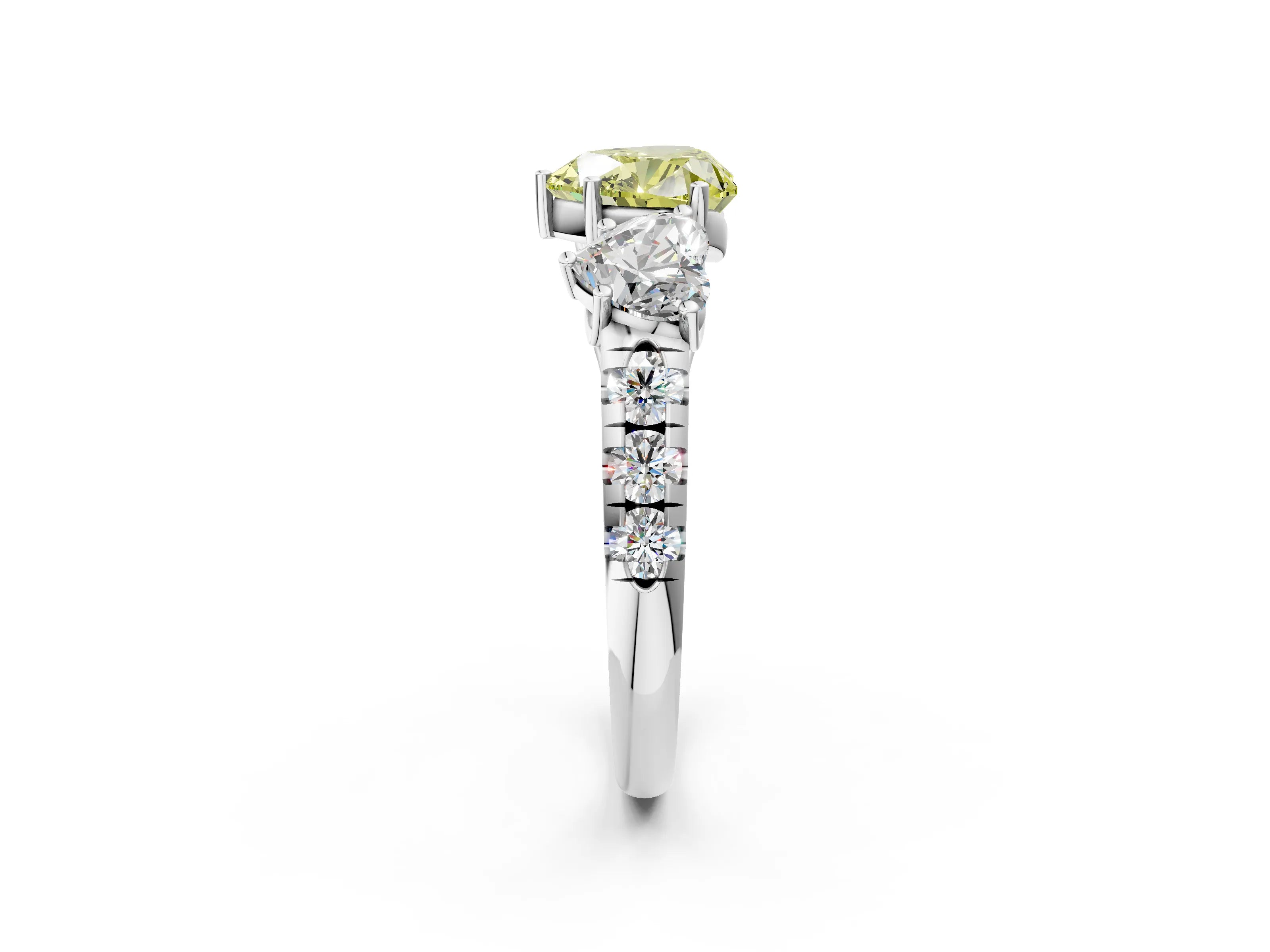 White gold Three-Stone Fancy Yellow Heart Cut Diamond Pavé Band with Prong Setting_14