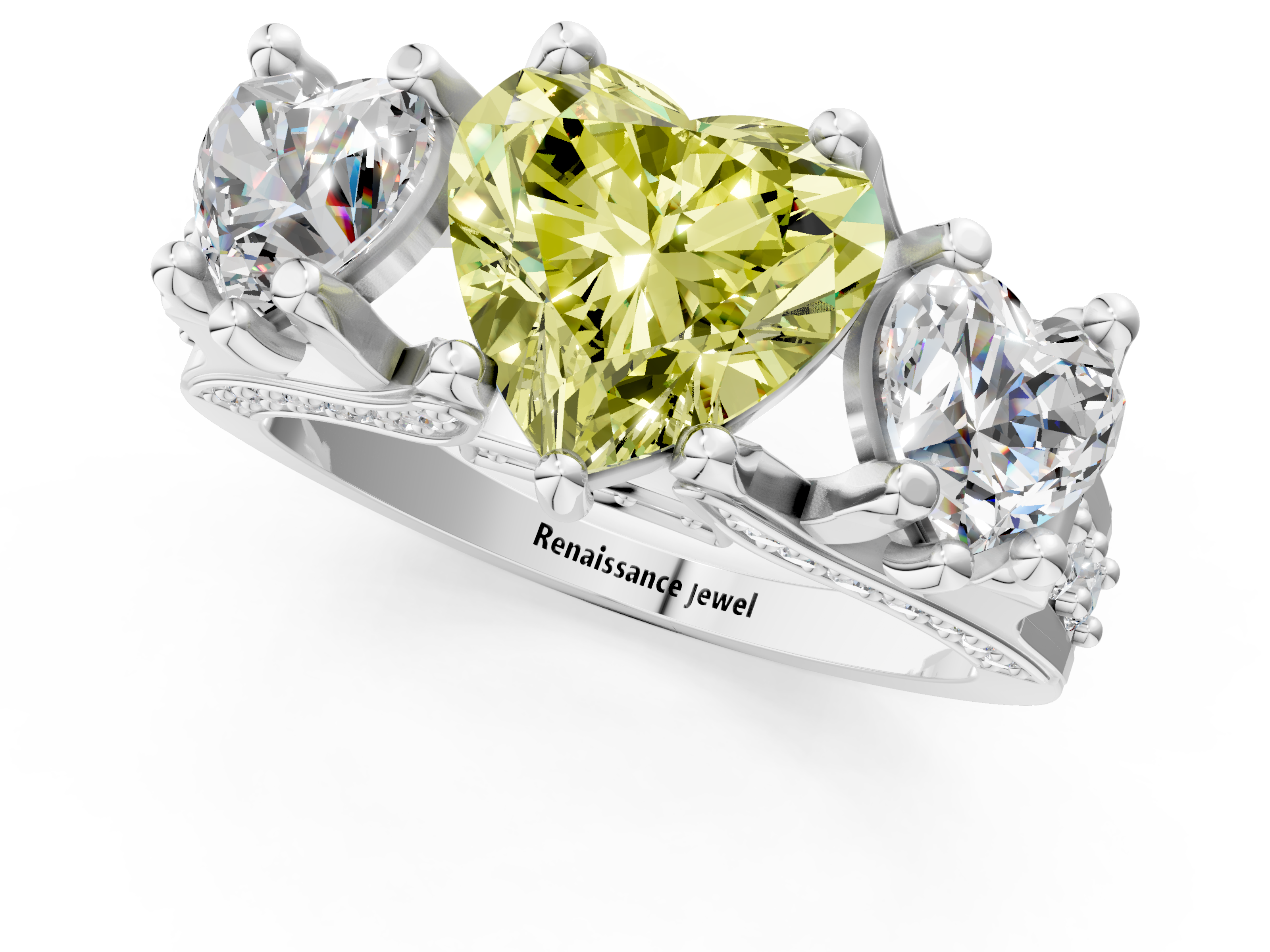 White gold Three-Stone Fancy Yellow Heart  Cut Diamond Ring with Channel-Set Band and Four-Prong Setting_53