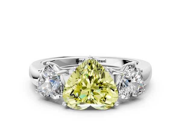 White gold Fancy Yellow Heart Cut Diamond Three-Stone Ring with Four-Prong Setting and Classic Band