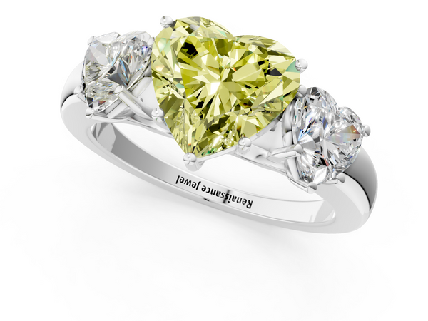 White gold Fancy Yellow Heart Cut Diamond Three-Stone Ring with Four-Prong Setting and Classic Band