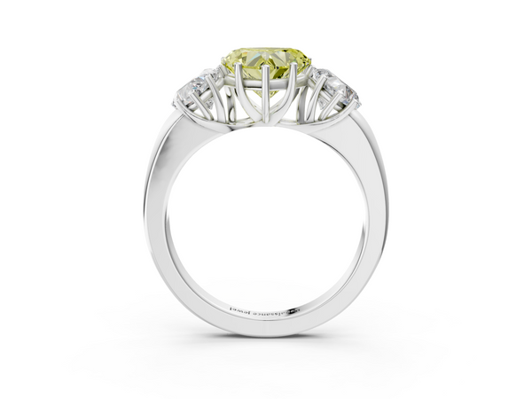 White gold Fancy Yellow Heart Cut Diamond Three-Stone Ring with Four-Prong Setting and Classic Band