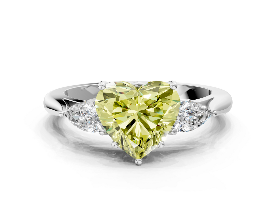 White gold Three-Stone Fancy Yellow Heart  Cut Diamond Ring with Pear Side Stones in Four-Prong Setting_112