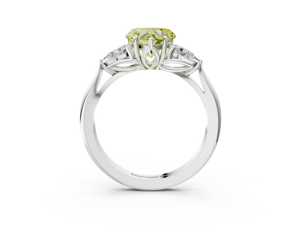 Platinum Three-Stone Fancy Yellow Heart  Cut Diamond Ring with Pear Side Stones in Four-Prong Setting
