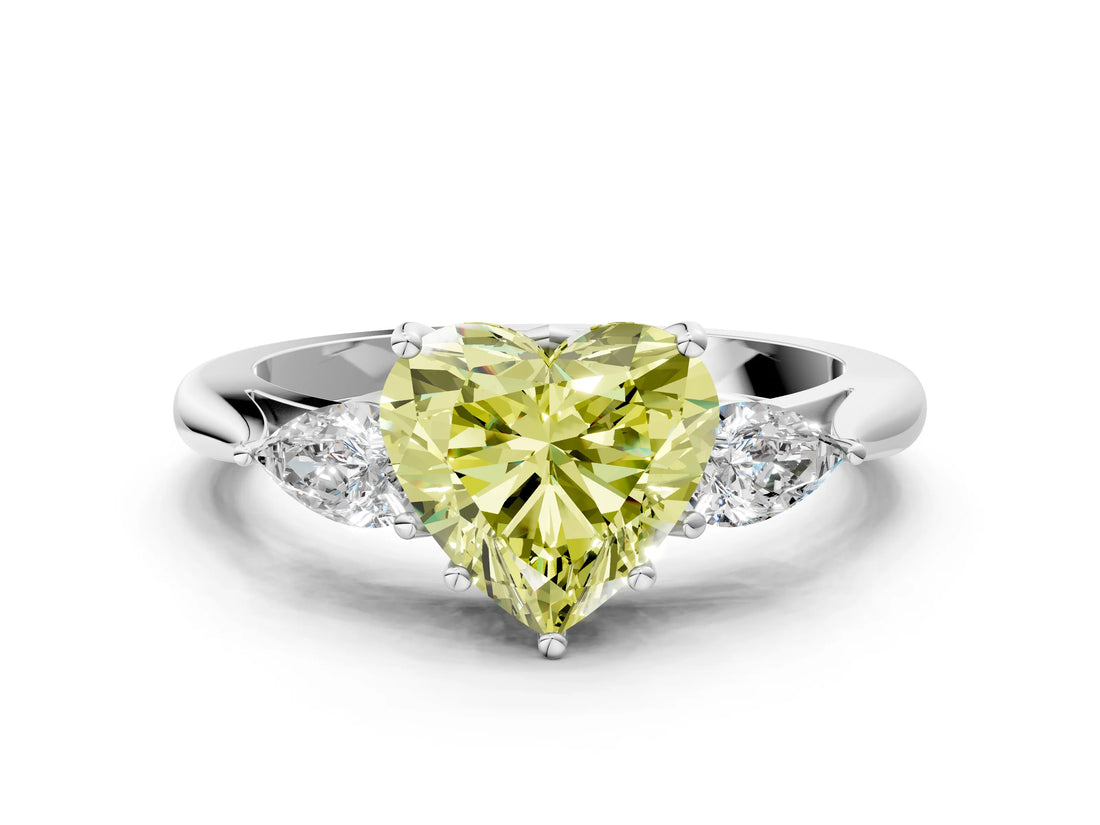 White gold Three-Stone Fancy Yellow Heart Cut Diamond Ring with Pear  Side Stones in Four-Prong Setting_48