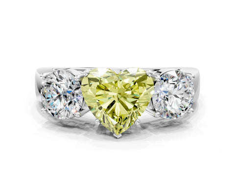 White gold Three-Stone Fancy Yellow Heart Cut Diamond Ring with Round Side Stones, Classic Band, and Four-Prong Setting_12