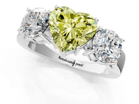 White gold Three-Stone Fancy Yellow Heart Cut Diamond Ring with Round Side Stones, Classic Band, and Four-Prong Setting_13