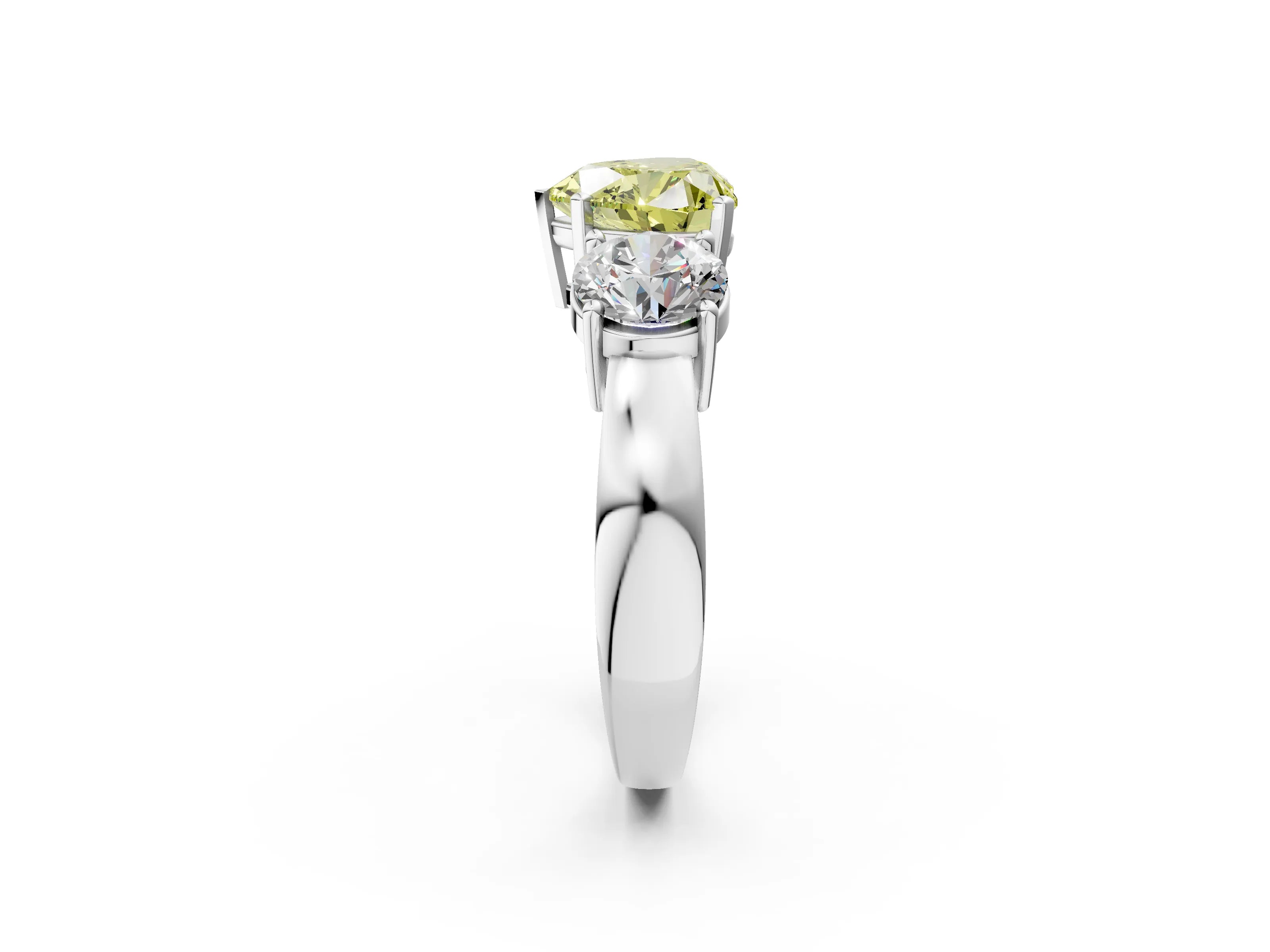 White gold Three-Stone Fancy Yellow Heart Cut Diamond Ring with Round Side Stones, Classic Band, and Four-Prong Setting_14