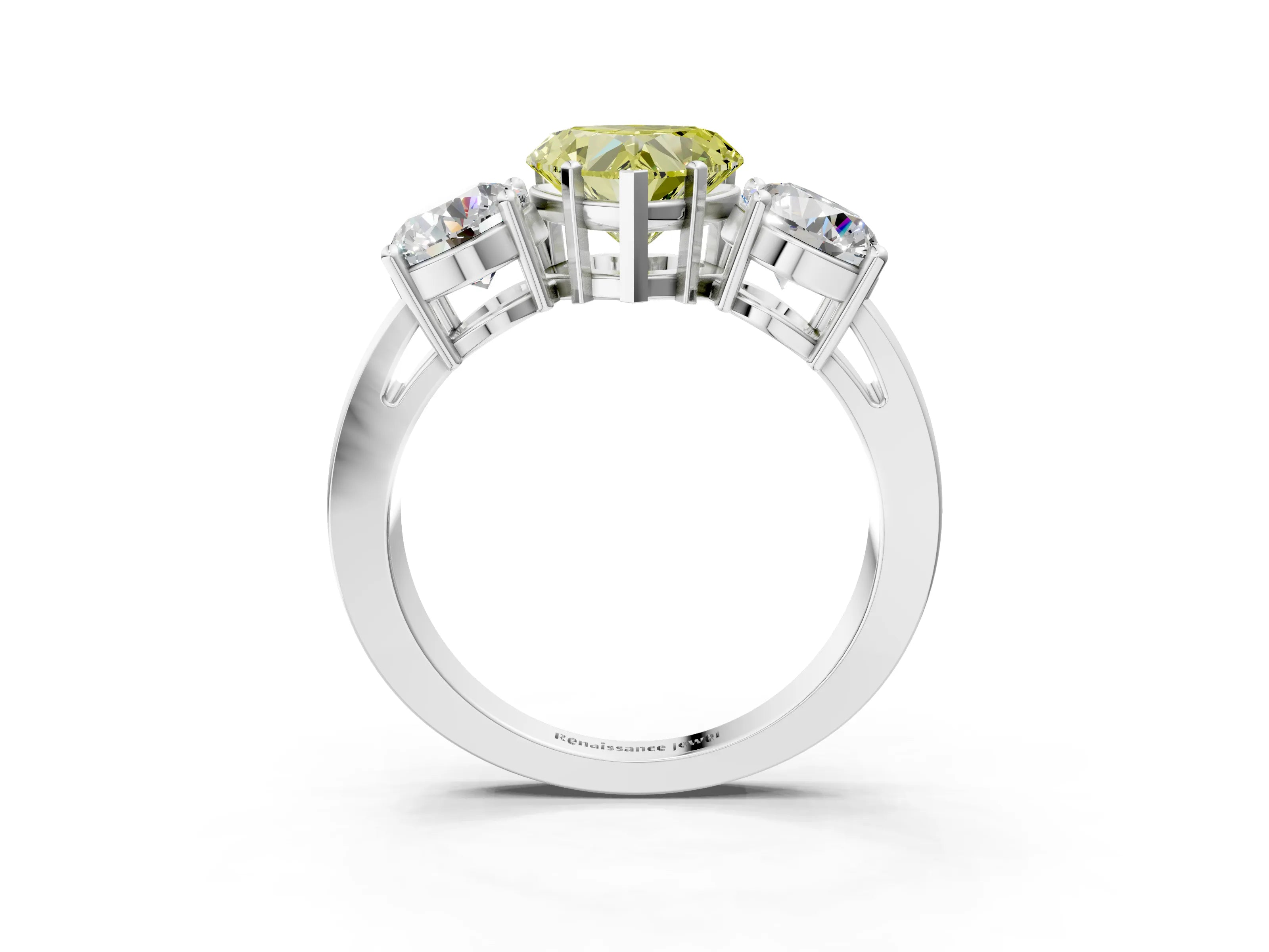 White gold Three-Stone Fancy Yellow Heart Cut Diamond Ring with Round Side Stones, Classic Band, and Four-Prong Setting_15