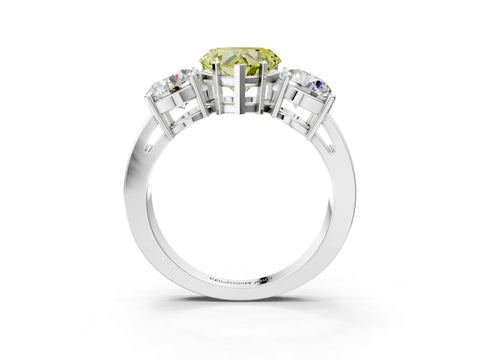White gold Three-Stone Fancy Yellow Heart Cut Diamond Ring with Round Side Stones, Classic Band, and Four-Prong Setting_15