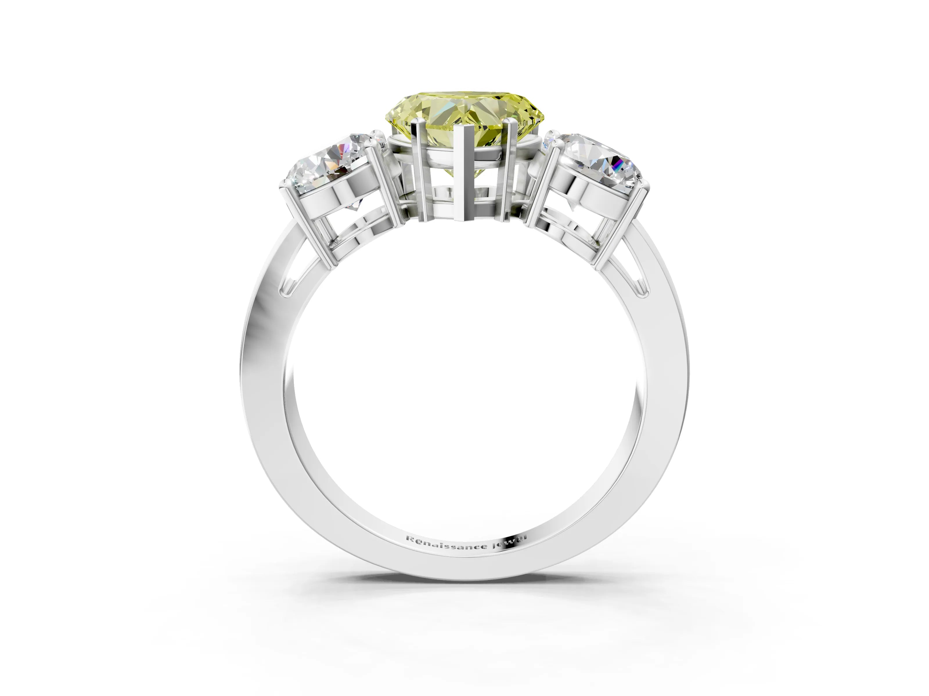 White gold Three-Stone Fancy Yellow Heart Cut Diamond Ring with Round Side Stones, Classic Band, and Four-Prong Setting_21