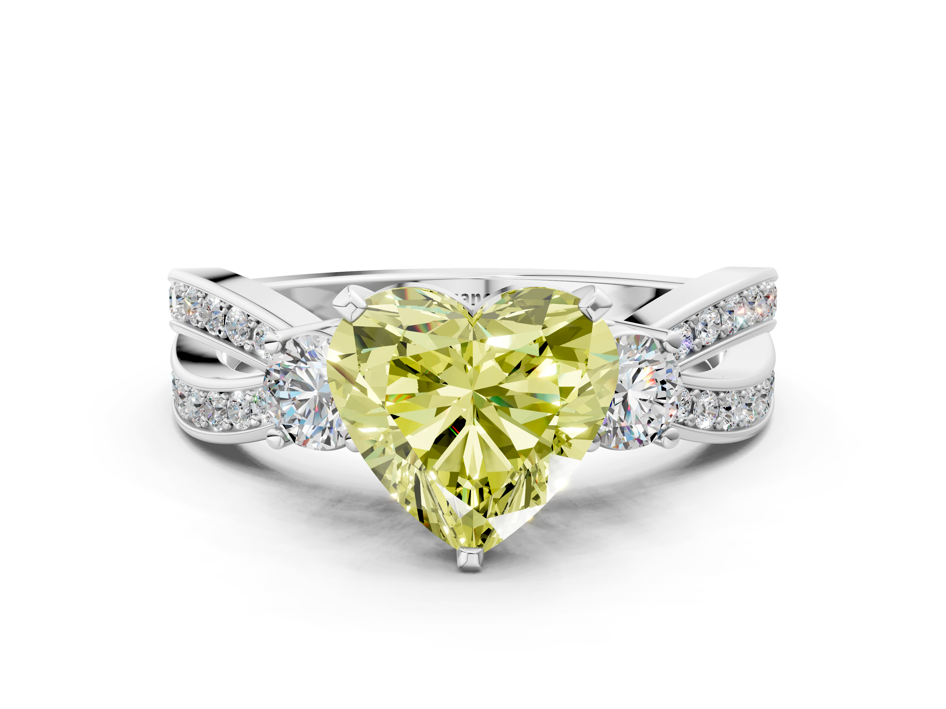 Platinum Three-Stone Fancy Yellow Heart Cut Diamond Twist Band with Pr