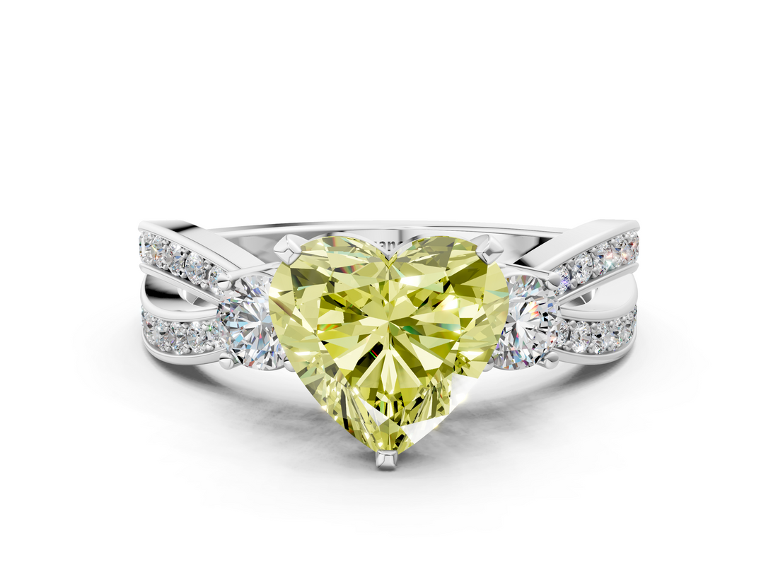White gold Three-Stone Fancy Yellow Heart  Cut Diamond Twist Band with Prong Setting_49