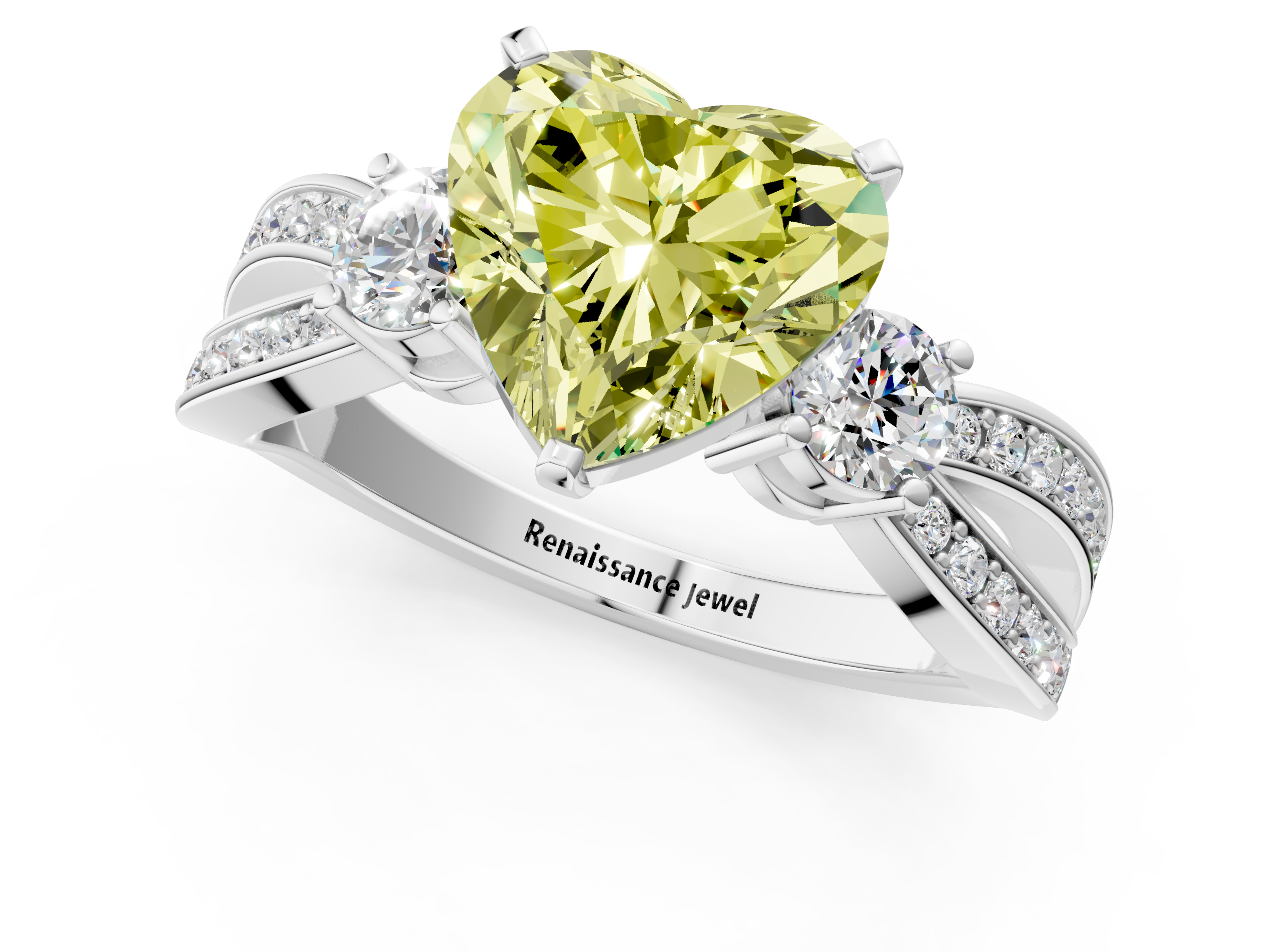 White gold Three-Stone Fancy Yellow Heart  Cut Diamond Twist Band with Prong Setting_51