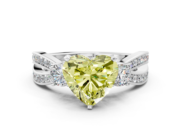 White gold Three-Stone Fancy Yellow Heart  Cut Diamond Twist Band with Prong Setting