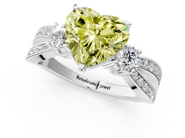 White gold Three-Stone Fancy Yellow Heart  Cut Diamond Twist Band with Prong Setting