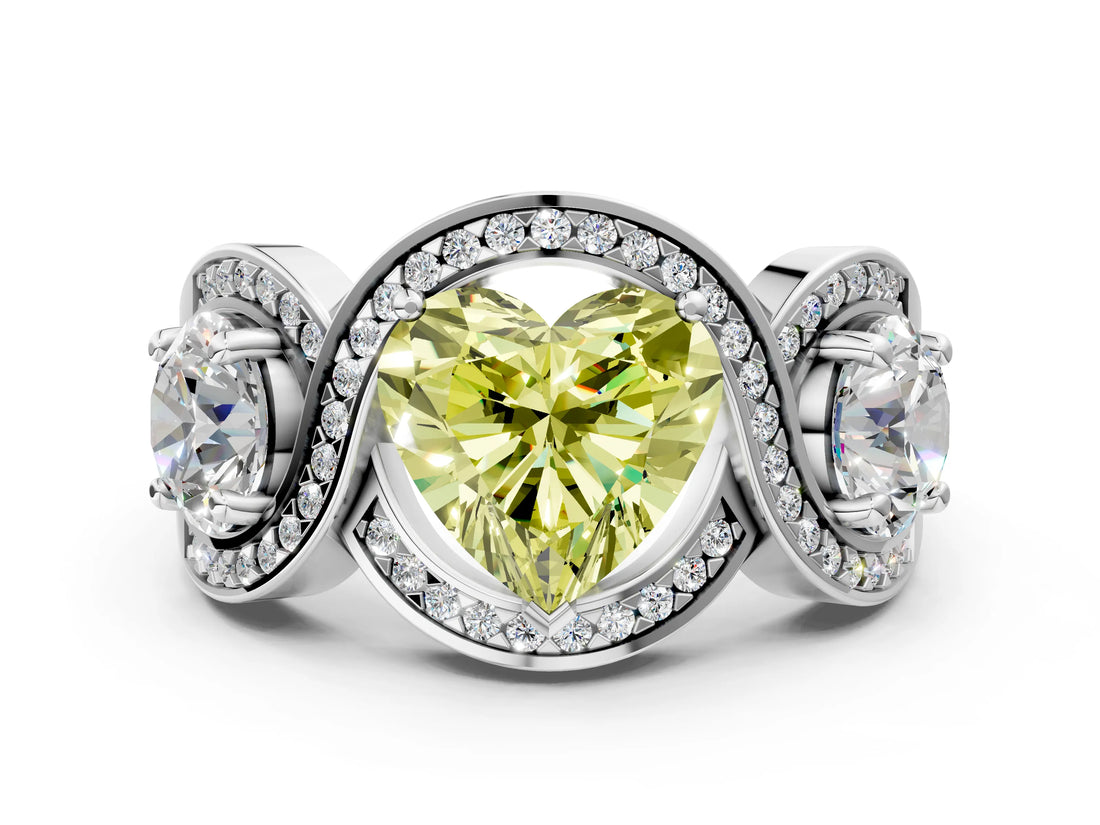 White gold Three-Stone Fancy Yellow Heart Cut Diamond Wave Pave Band with Prong Setting_18