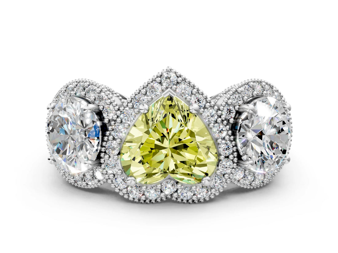 White gold Three-Stone Fancy Yellow Heart Cut Halo Diamond Milgrain Band with Four-Prong Setting