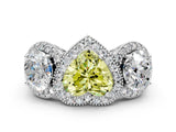 White gold Three-Stone Fancy Yellow Heart Cut Halo Diamond Milgrain Band with Four-Prong Setting