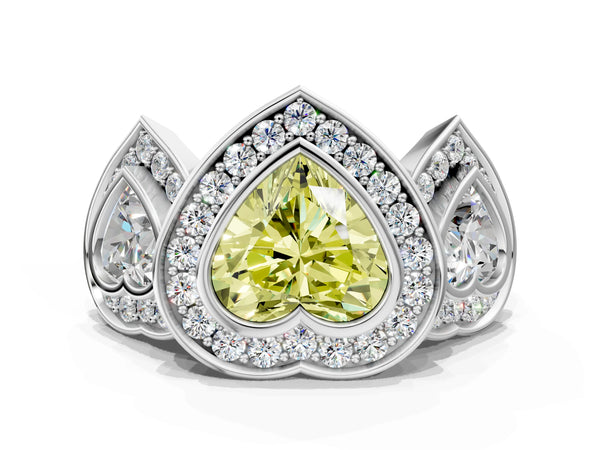 Platinum Three-Stone Fancy Yellow Heart Cut Halo Pavé Diamond Ring