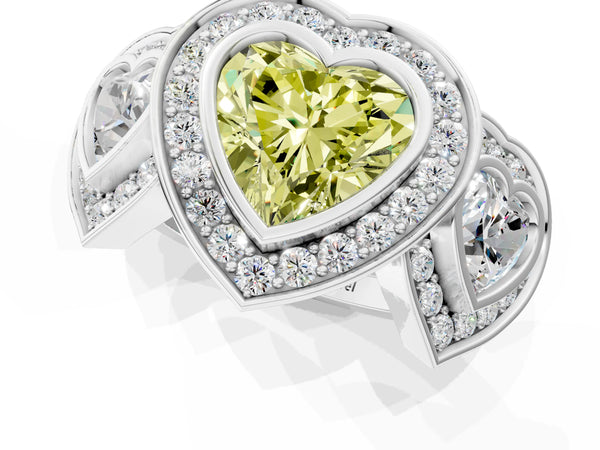 Platinum Three-Stone Fancy Yellow Heart Cut Halo Pavé Diamond Ring