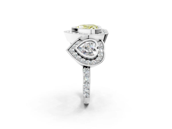 Platinum Three-Stone Fancy Yellow Heart Cut Halo Pavé Diamond Ring