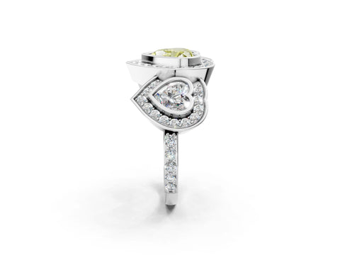 White gold Three-Stone Fancy Yellow Heart Cut Halo Pavé Diamond Ring_2