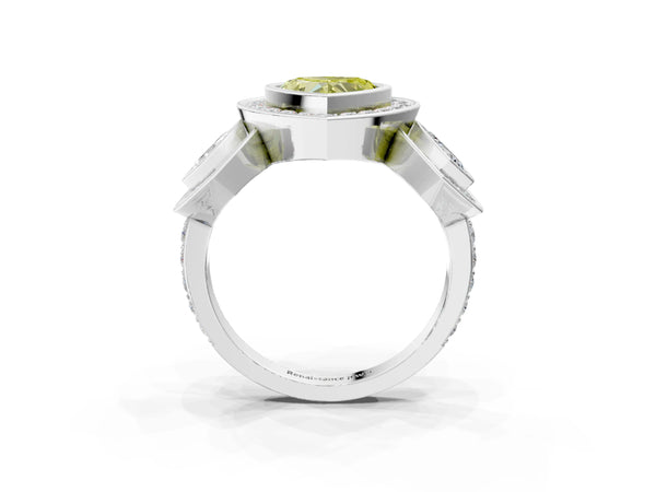 Platinum Three-Stone Fancy Yellow Heart Cut Halo Pavé Diamond Ring