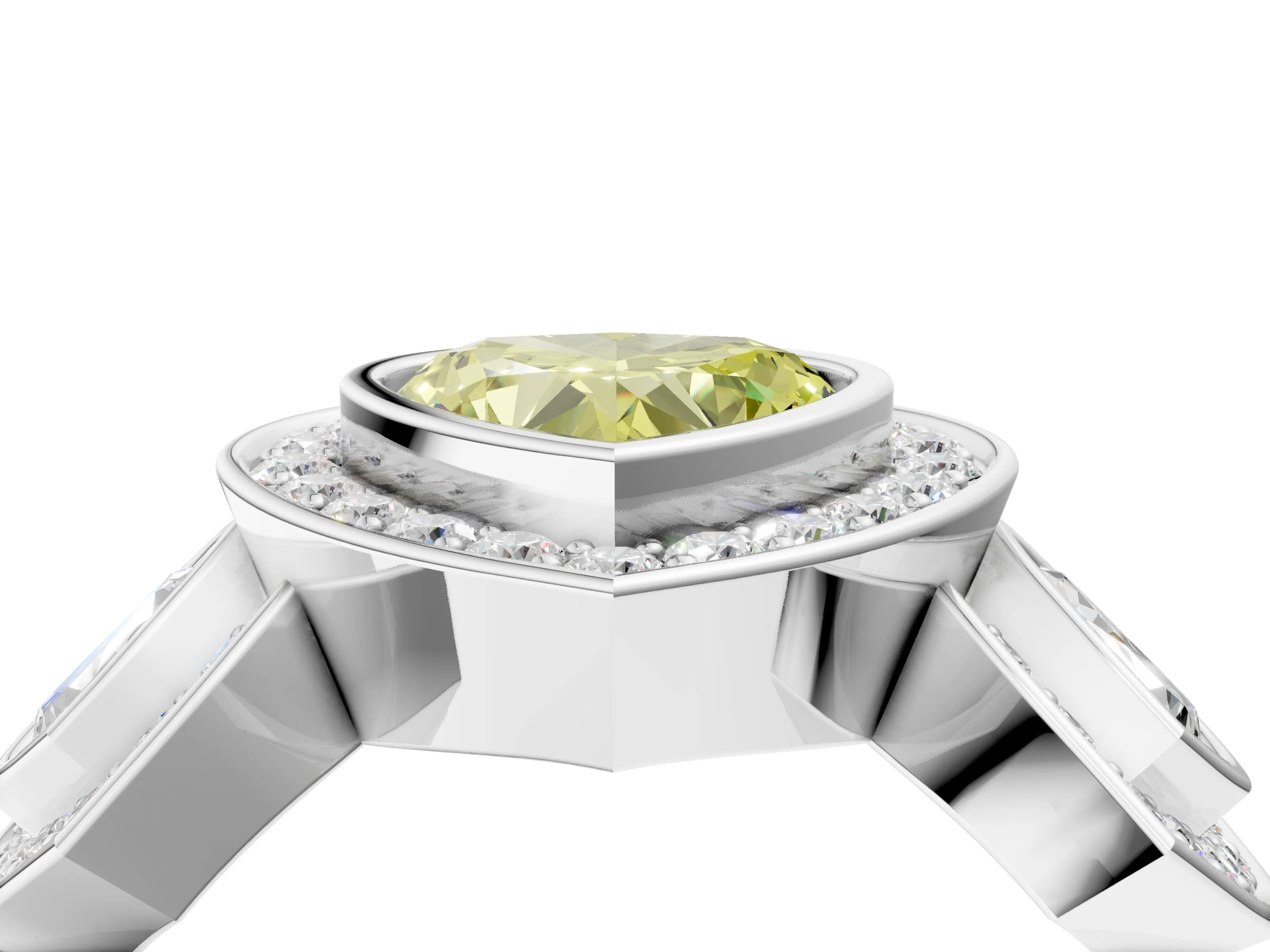 White gold Three-Stone Fancy Yellow Heart Cut Halo Pavé Diamond Ring_4