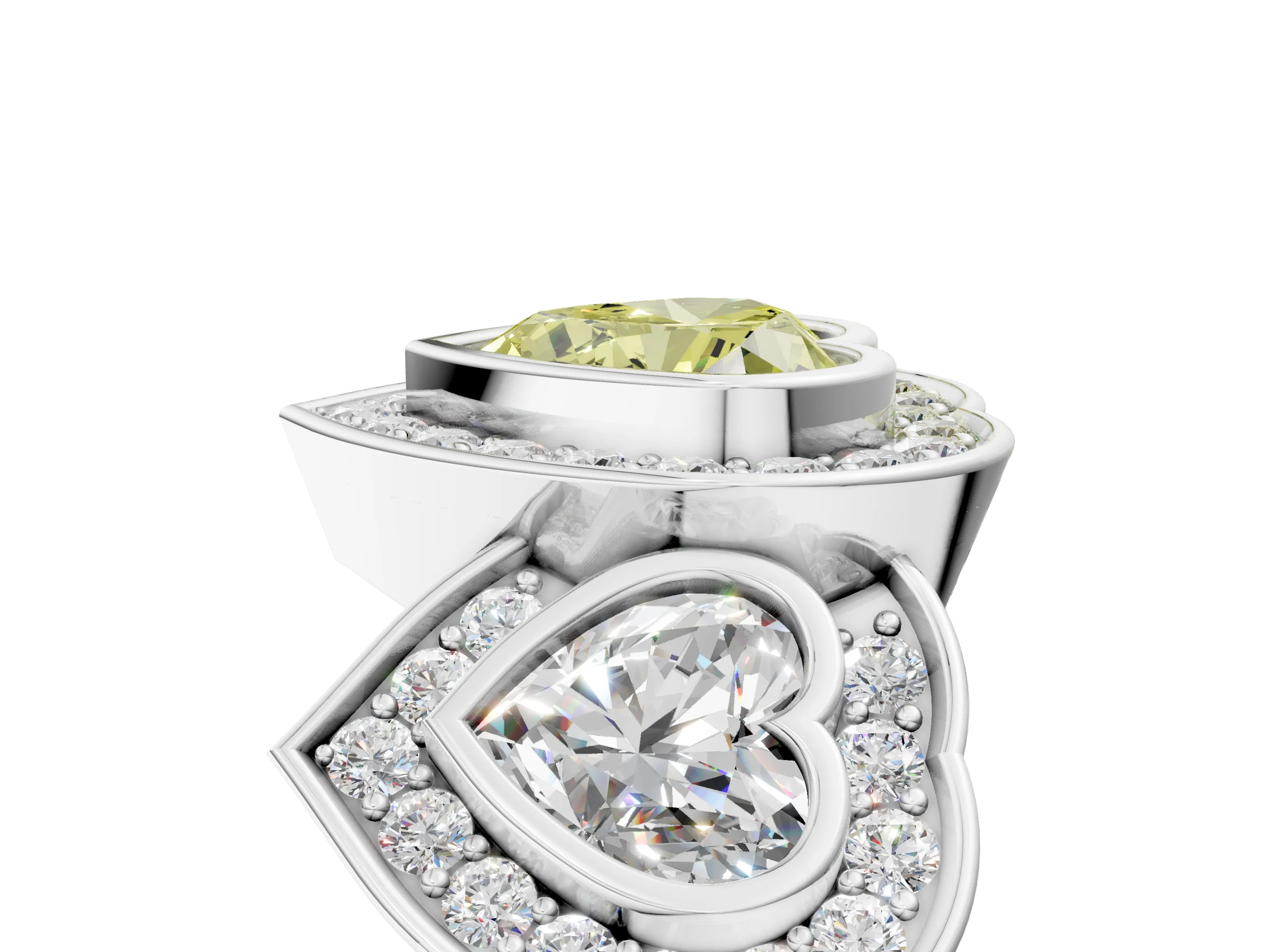 White gold Three-Stone Fancy Yellow Heart Cut Halo Pavé Diamond Ring_5