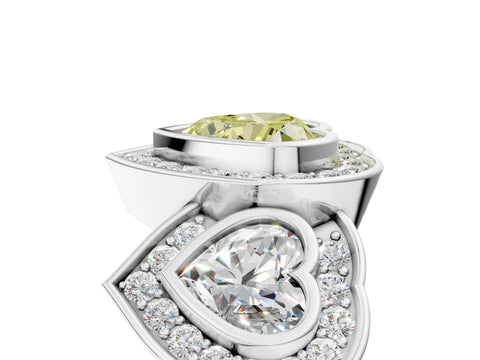White gold Three-Stone Fancy Yellow Heart Cut Halo Pavé Diamond Ring_5