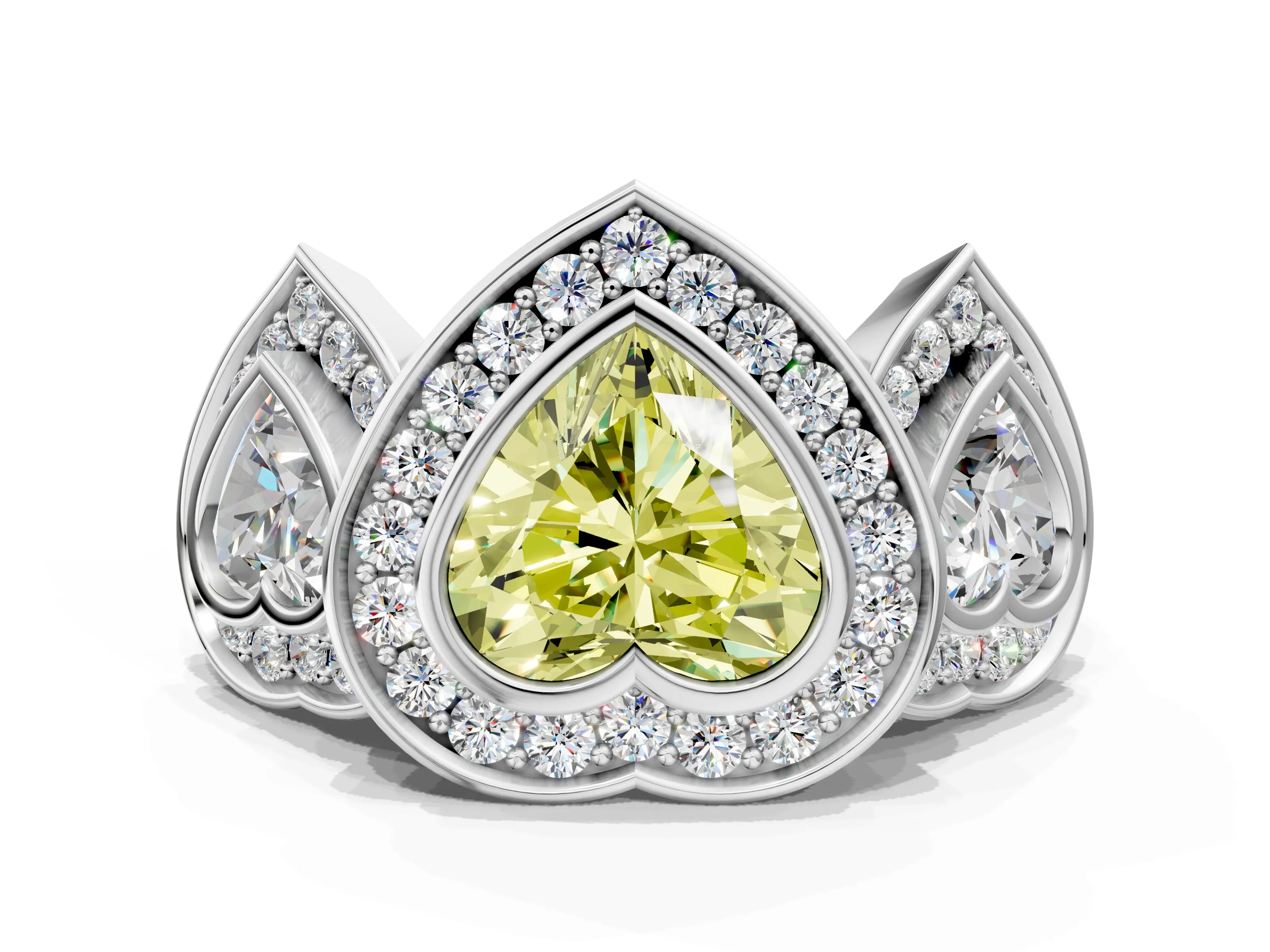 White gold Three-Stone Fancy Yellow Heart Cut Halo Pavé Diamond Ring