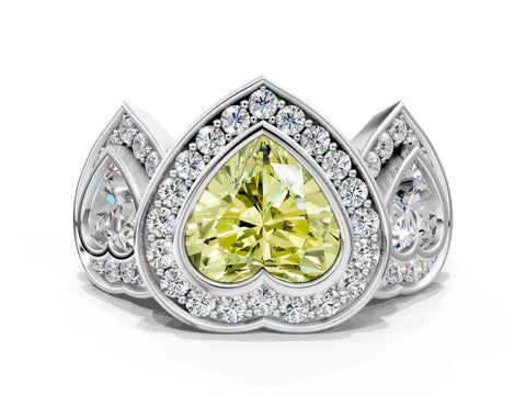 White gold Three-Stone Fancy Yellow Heart Cut Halo Pavé Diamond Ring