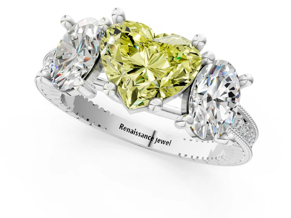 White gold Three-Stone Fancy Yellow Heart  Diamond Milgrain Pave Band with Prong Setting