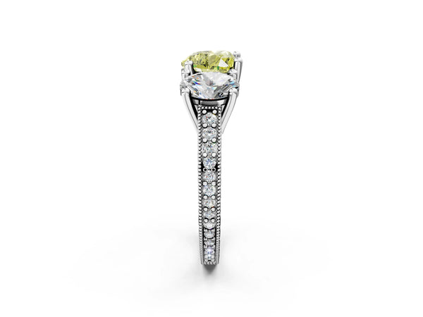 White gold Three-Stone Fancy Yellow Heart  Diamond Milgrain Pave Band with Prong Setting