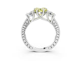White gold Three-Stone Fancy Yellow Heart  Diamond Milgrain Pave Band with Prong Setting 3