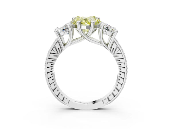 White gold Three-Stone Fancy Yellow Heart  Diamond Milgrain Pave Band with Prong Setting