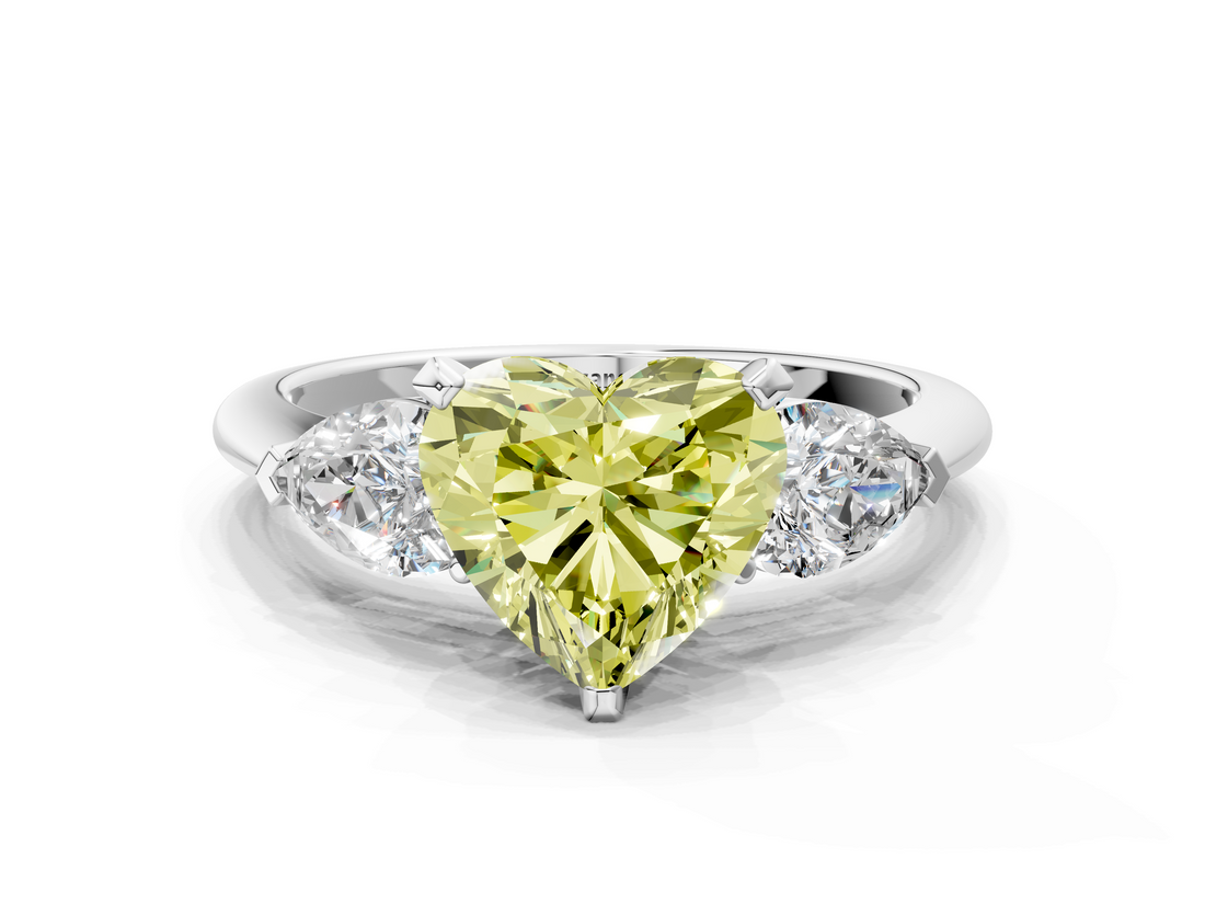 White gold Three-Stone Fancy Yellow Heart  Diamond Ring with Pear Side Stones in Four-Prong Setting_59