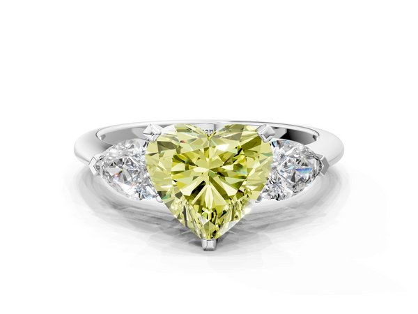 White gold Three-Stone Fancy Yellow Heart Cut Diamond Ring with Pear Side Stones and Four-Prong Setting