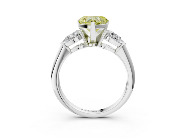 White gold Three-Stone Fancy Yellow Heart Cut Diamond Ring with Pear Side Stones and Four-Prong Setting
