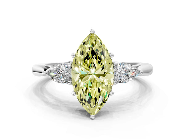 White gold Three-Stone Fancy Yellow Marquise Cut Brilliant Diamond Solitaire Ring with Tapered Band and Four-Prong Setting